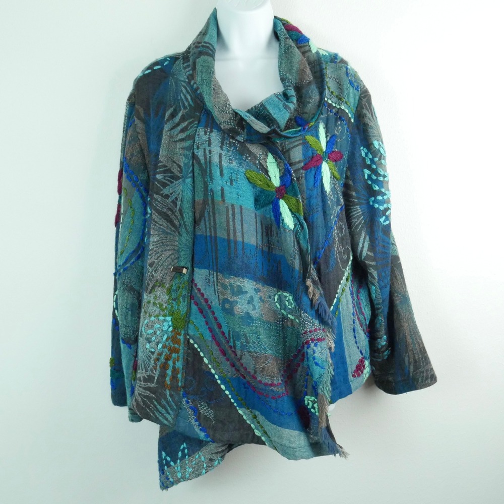 Anu Wool Jacket XL Embroidered Floral Boho Asymmetrical Cardigan Lagenlook Artsy